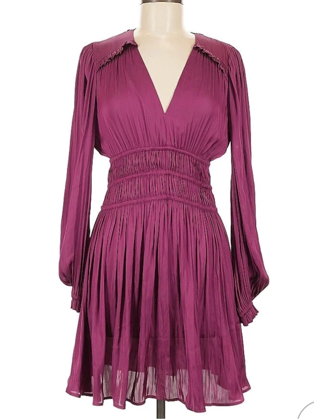 Maje Rianne Dress Pleated Waist Long Sleeve Mini Dress in Magenta Purple US 4-6
